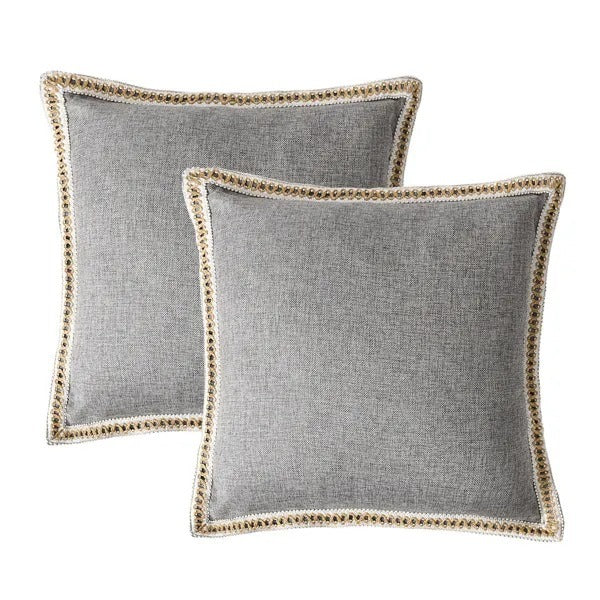 Set Of 2 Throw Pillow Covers Vintage Linen Trimmed Cushion Covers