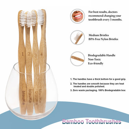 Bamboo Toothbrush Set 4-Pack - Bamboo Toothbrushes with Medium Bristles for Adults - Eco-Friendly, Biodegradable, Natural Wooden Toothbrushes